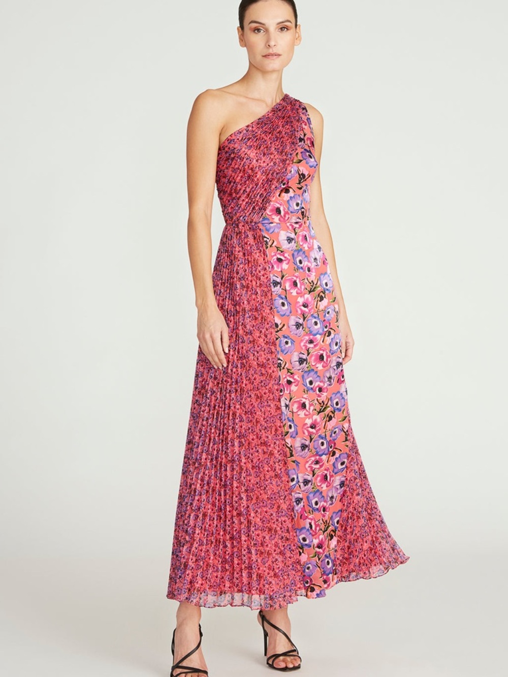 Theia One-Shoulder Pink Floral Pleated Maxi Dress